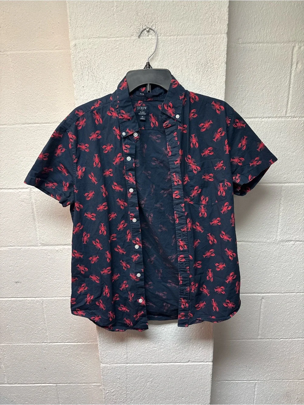 J. Crew Navy Short-Sleeve Button-Down with Red Lobster Print
